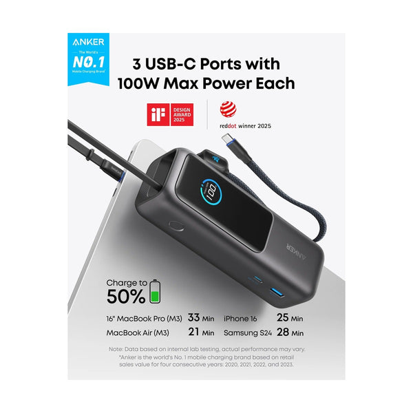 Anker - Power Bank (25K, 165W, Built-In USB-C and Retractable Cable) - Black