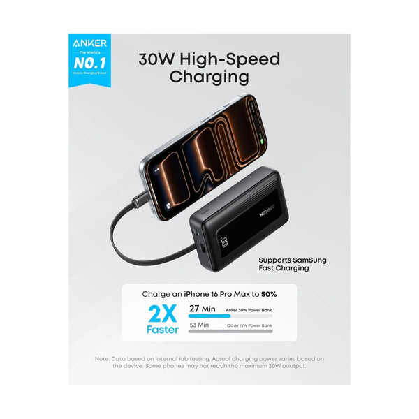 Anker - Zolo Power Bank (10K, 30W, Built-In USB-C Cable) - Black