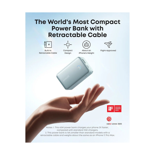 Anker - Nano Power Bank (10K, 45W, Built-In Retractable USB-C Cable) - Teal Oasis