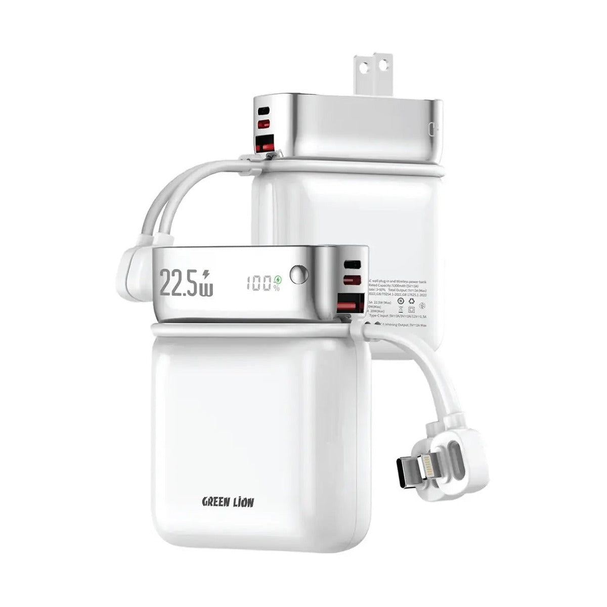 Green Lion Dyno 2-in-1 Power Bank and Wall Charger 10000mAh, PD 20W, UK, EU and US Plugs, White