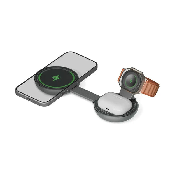 Green Lion Qi2.2 Tri-Charge Foldable Magnetic Wireless Charger 25W - Grey