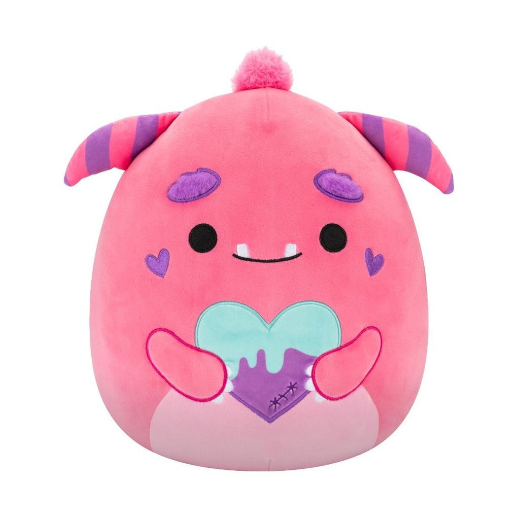 SQVA - Medium Plush 12" Squishmallows Mont - Pink Monster holding purple and teal monster heart