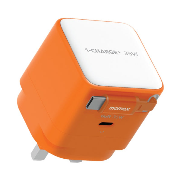 MOMAX 1-CHARGE 35W GAN 1 PORT CHARGER WITH BUILT-IN USB-C CABLE - ORANGE
