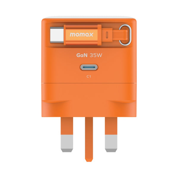 MOMAX 1-CHARGE 35W GAN 1 PORT CHARGER WITH BUILT-IN USB-C CABLE - ORANGE