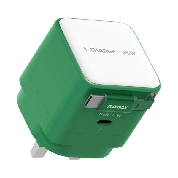 MOMAX 1-CHARGE 35W GAN 1 PORT CHARGER WITH BUILT-IN USB-C CABLE - GREEN