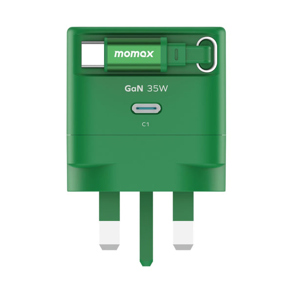 MOMAX 1-CHARGE 35W GAN 1 PORT CHARGER WITH BUILT-IN USB-C CABLE - GREEN