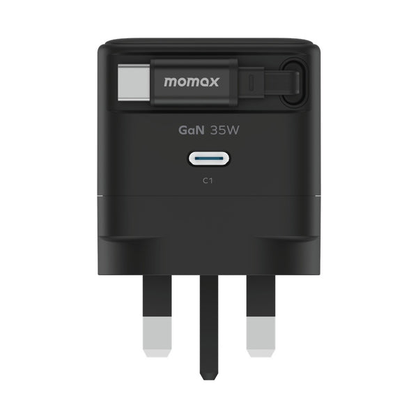 MOMAX 1-CHARGE 35W GAN 1 PORT CHARGER WITH BUILT-IN USB-C CABLE - BLACK