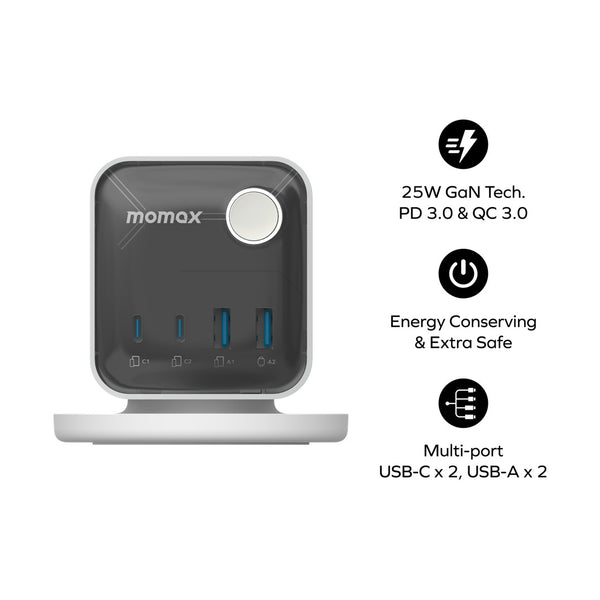 MOMAX 1-CHARGE WORK FLOW 3-OUTLET POWER CUBE WITH USB - WHITE
