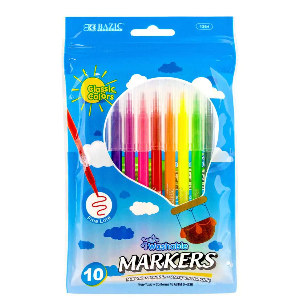 Bazic 10 Colors Fine Line Washable Markers