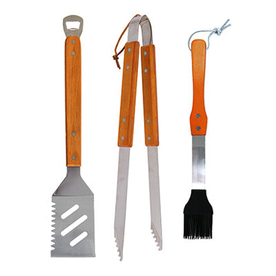 Grill Zone: 3 Pieces Wood & Stainless Steel Tool Set
