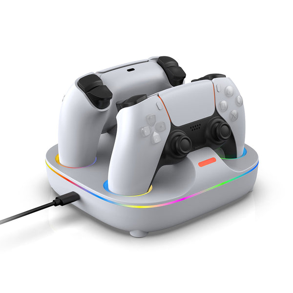 دوبي - TP5-35115 قاعدة شحن مزدوجة لجهازي PS5 DualSense وDualSense Edge، إضاءة RGB، أبيض