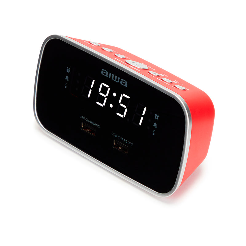 Aiwa 1.5W Dual Alarm Clock Radio with 2x USB Charging Red