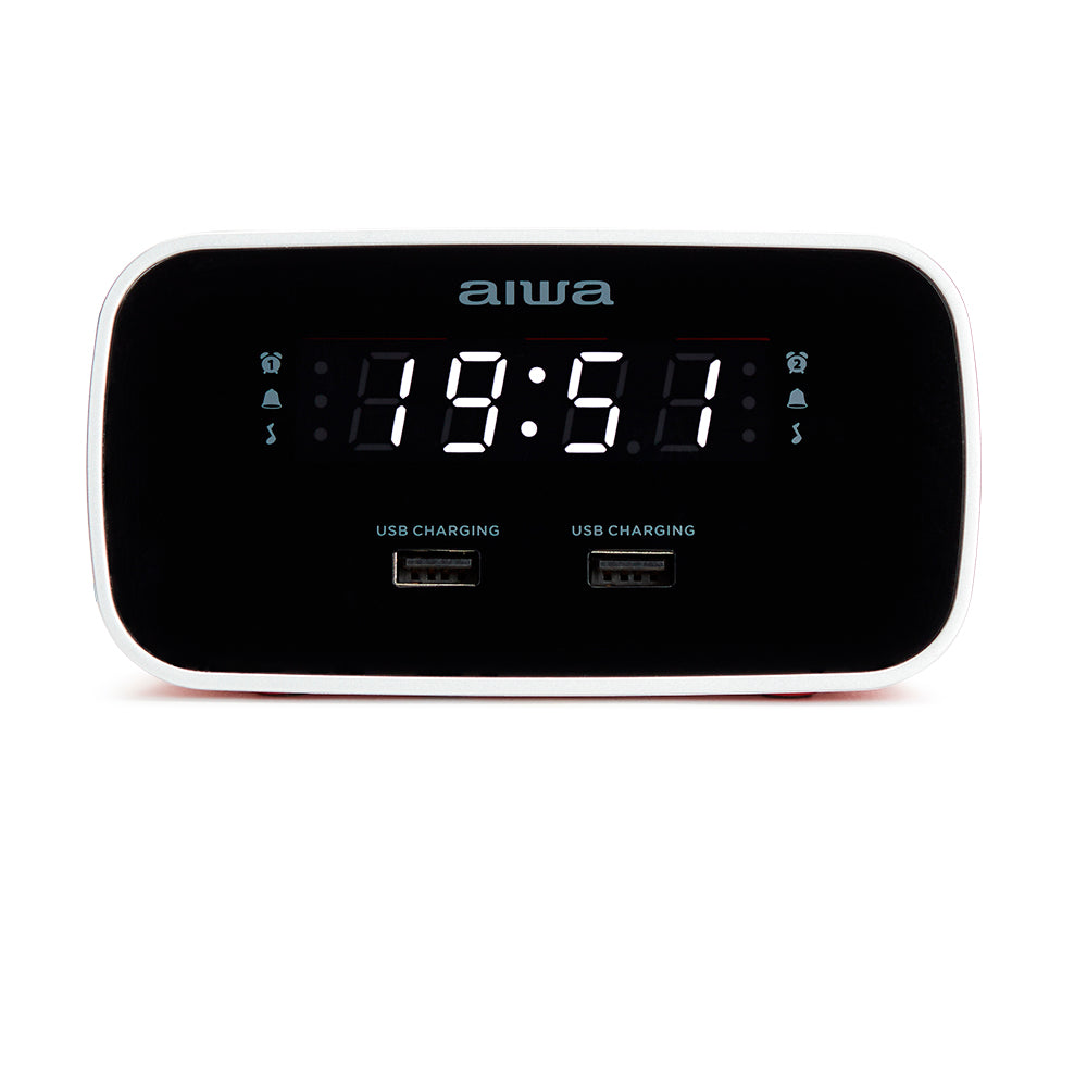 Aiwa 1.5W Dual Alarm Clock Radio with 2x USB Charging Red