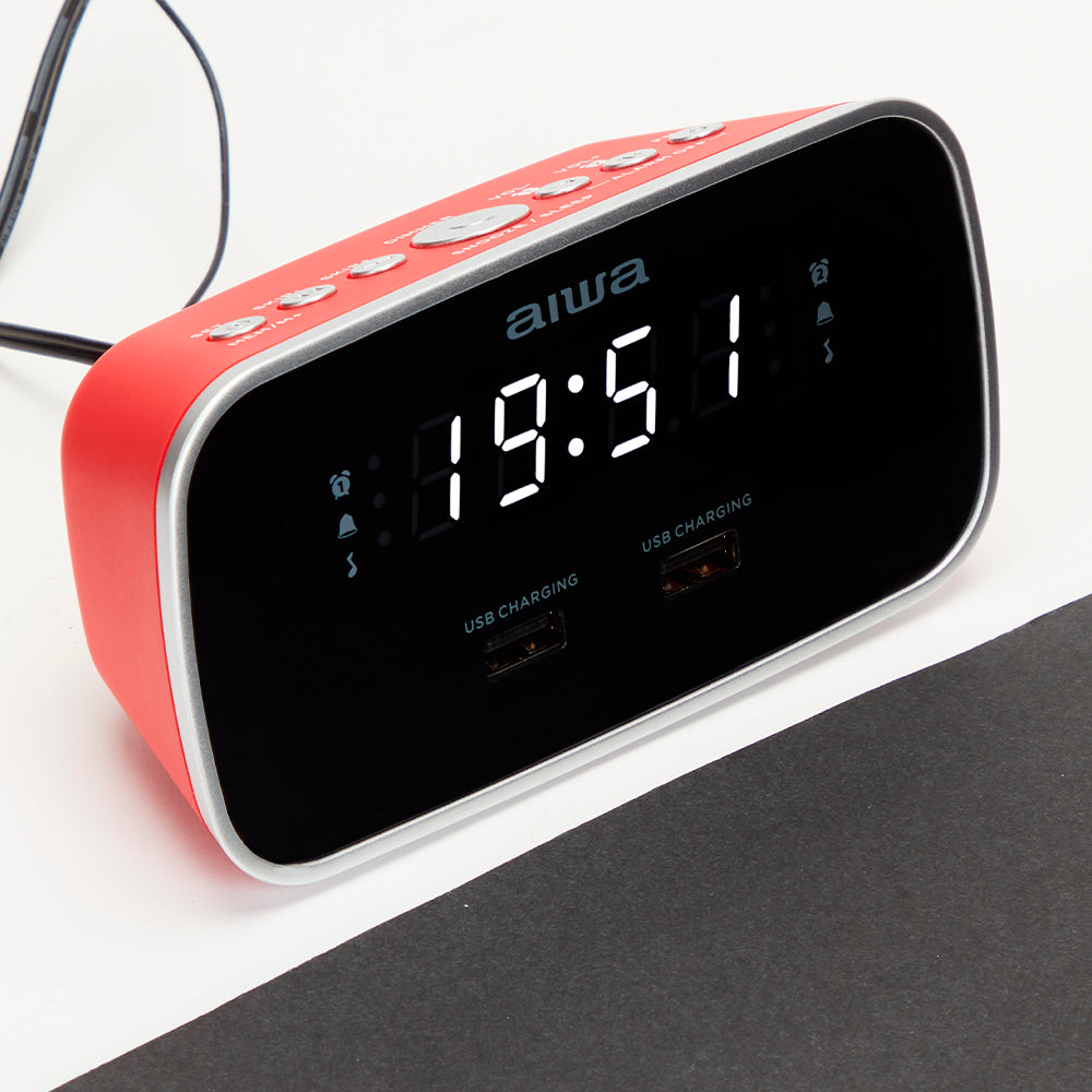 Aiwa 1.5W Dual Alarm Clock Radio with 2x USB Charging Red