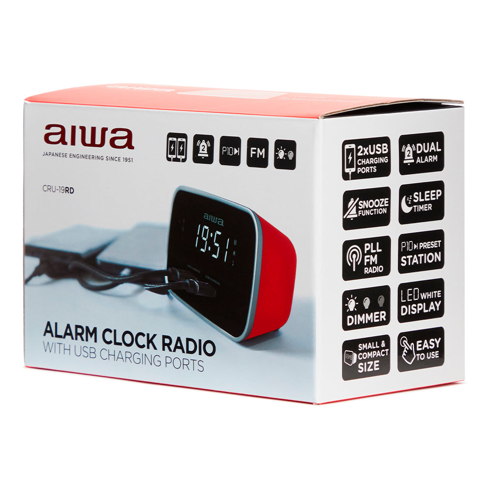 Aiwa 1.5W Dual Alarm Clock Radio with 2x USB Charging Red