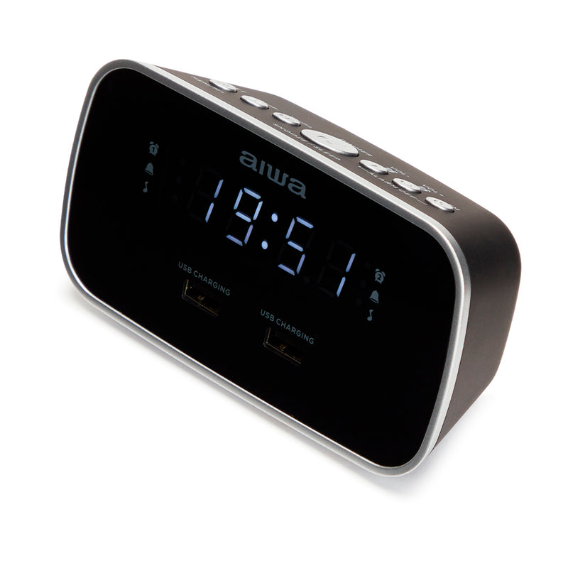 Aiwa 1.5W Dual Alarm Clock Radio with 2x USB Charging Port Black