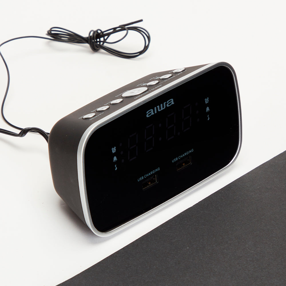 Aiwa 1.5W Dual Alarm Clock Radio with 2x USB Charging Port Black