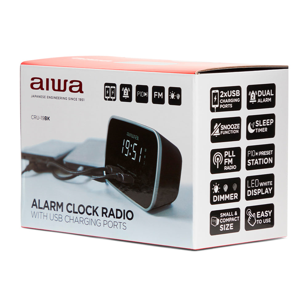 Aiwa 1.5W Dual Alarm Clock Radio with 2x USB Charging Port Black