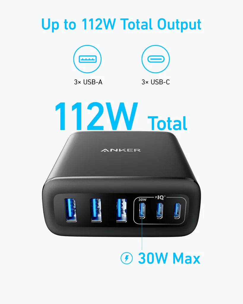 Anker Charger (112W, 6 Ports, GaN) Black