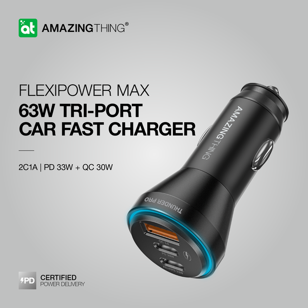 Amazingthing FlexiPower Max 63W Car Charger Black - 3 Port USB-C