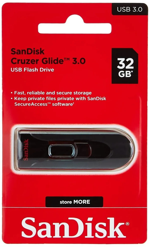 SanDisk Cruzer Glide 3.0 USB Flash Drive 32GB, USB 3.0, Retractable Connector