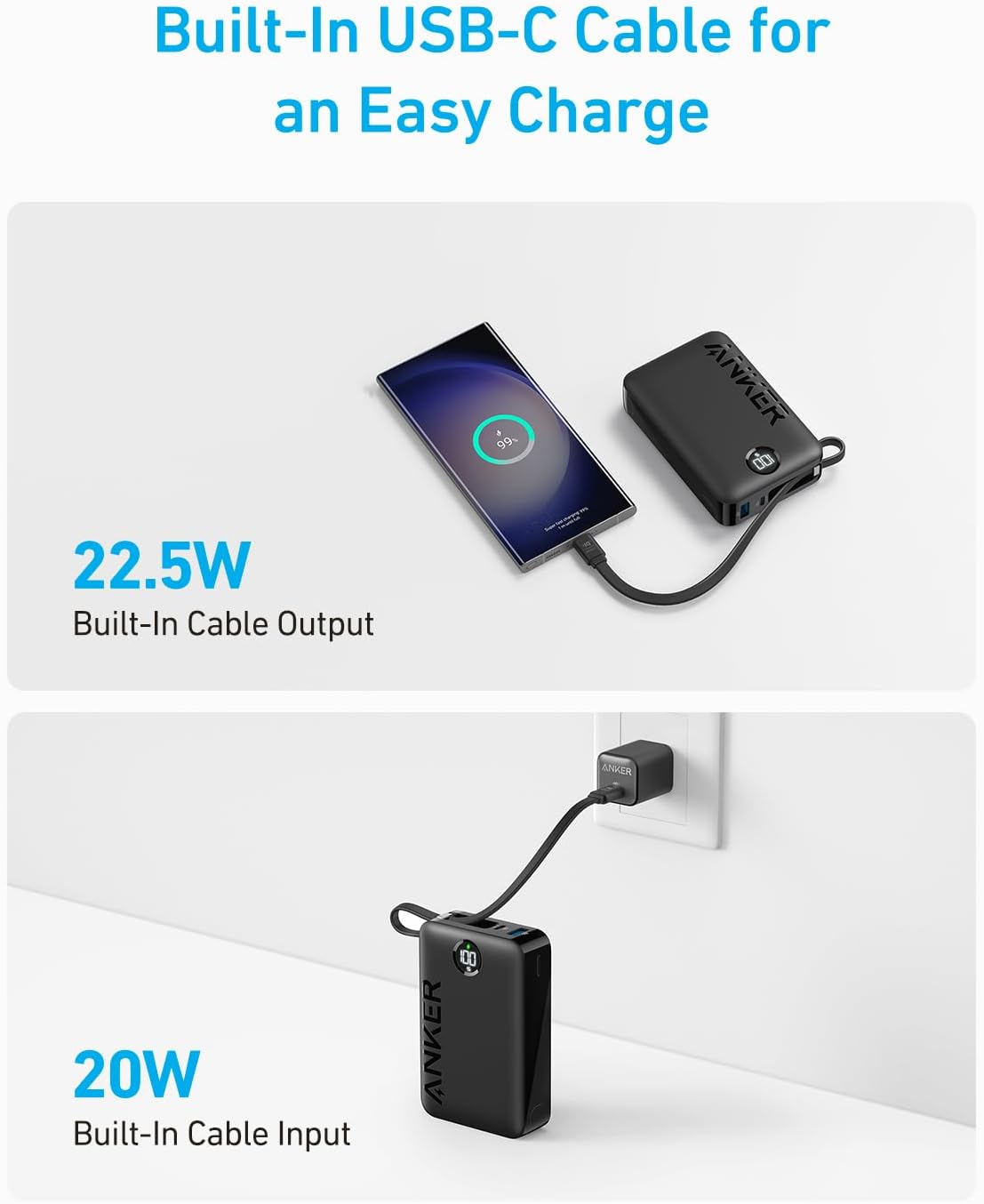 Anker 335 20000mAh 22.5W Built-In USB-C Cable Power Bank