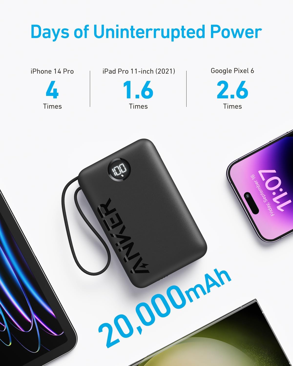 Anker 335 20000mAh 22.5W Built-In USB-C Cable Power Bank