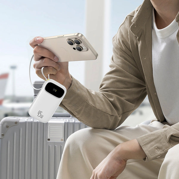 Baseus - Os-Baseus Enerfill Fc31 Digital Display Power Bank With 2 Built-In Usb-C Cables 10000Mah 45W Moon White