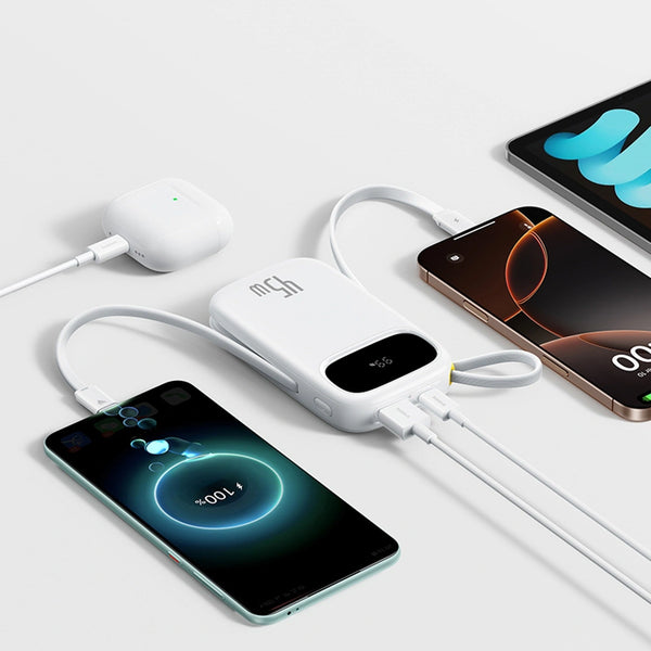 Baseus - Os-Baseus Enerfill Fc31 Digital Display Power Bank With 2 Built-In Usb-C Cables 10000Mah 45W Moon White
