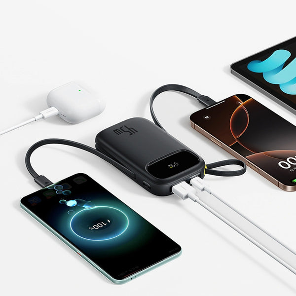 Baseus - Os-Baseus Enerfill Fc31 Digital Display Power Bank With 2 Built-In Usb-C Cables 10000Mah 45W Cosmic Black