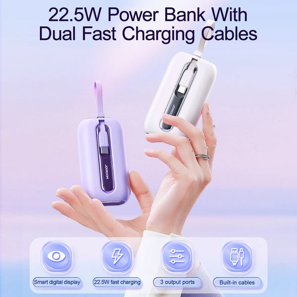Joyroom - Colorful Series 22.5W Mini Power Bank With Dual Cables 10000Mah With USB To Type-C - White