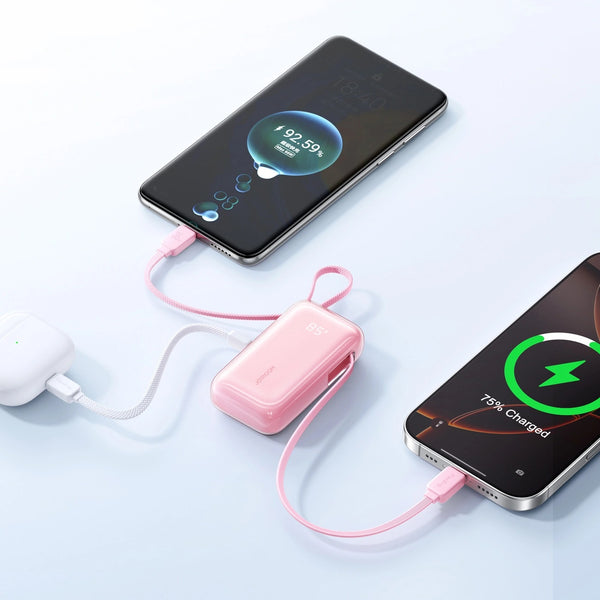 Joyroom JR-PR2 35W Mini Power Bank with Built-in Retractable Type-C Cable & Carrying Type-c Cable 10000mAh - Pink