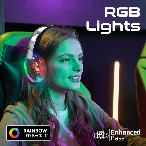 Promate TransTune Active Noise Cancelling Hi-Fi Stereo Wireless Headphones with RGB Lights – Silver