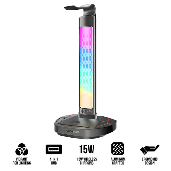 Promate FortX, Headset Stand, 15W Wireless Charger & USB Hub