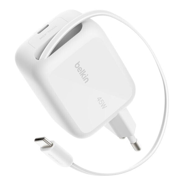 Belkin UltraCharge GaN 45W Charger - Retractable Cable Power Plug - White