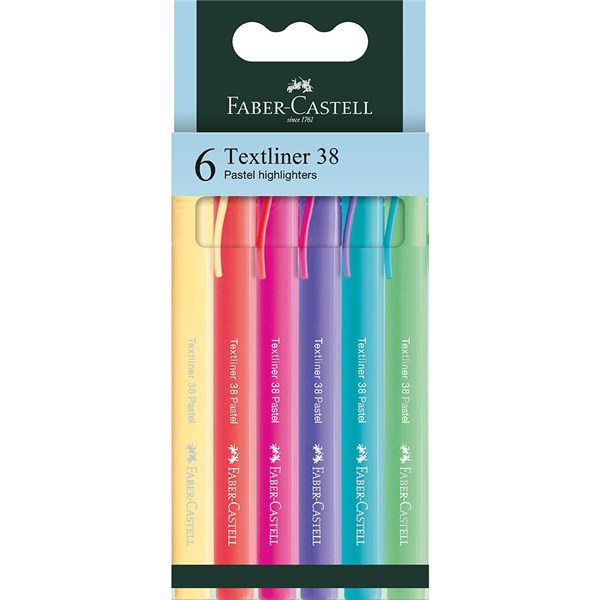 Faber-Castell Textliner 38 Pastel Highlighters, Assorted Colors, Box of 6