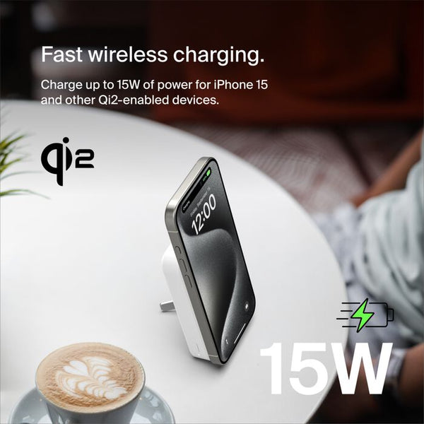 Belkin BoostCharge Qi2 15W Magnetic Wireless Power Bank 10K with Stand, White