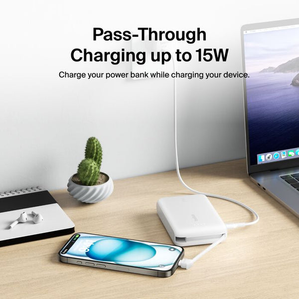 Belkin BoostCharge 10K Power Bank with Integrated USB-C Cable, 20W, White
