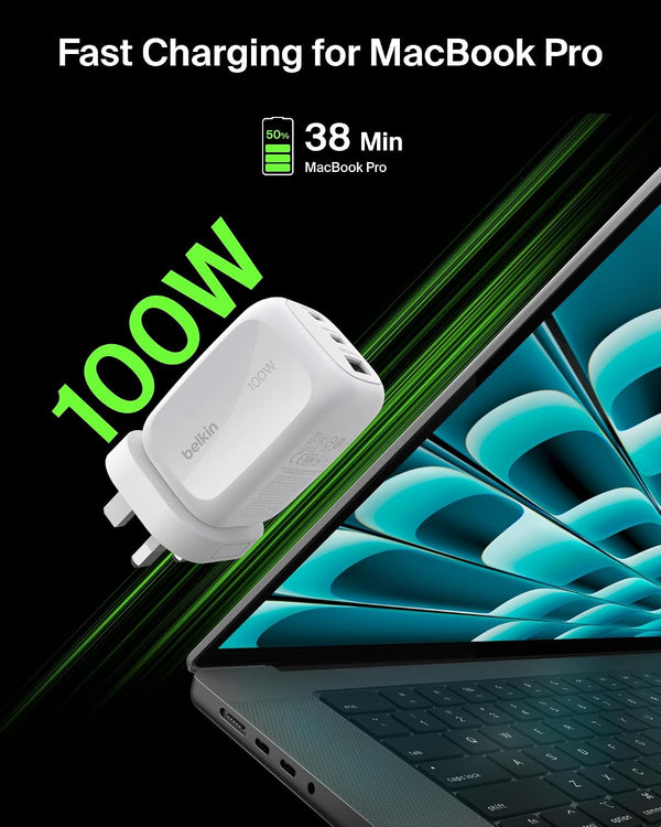 Belkin 100W 3-PORT GAN WALL CHARGER  (US / UK/ EU PLUG)