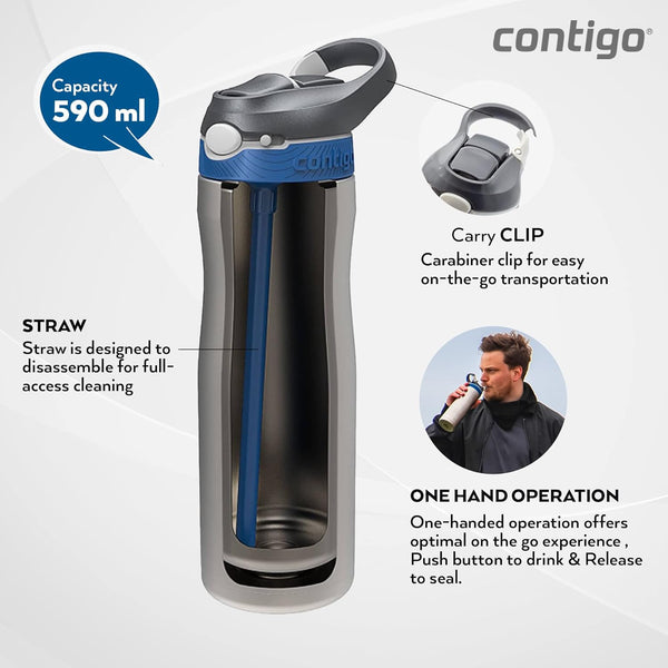 Contigo Autospout Ashland Chill - Vacuum Insulated Stainless Steel Water Bottle 590 ML, Monaco