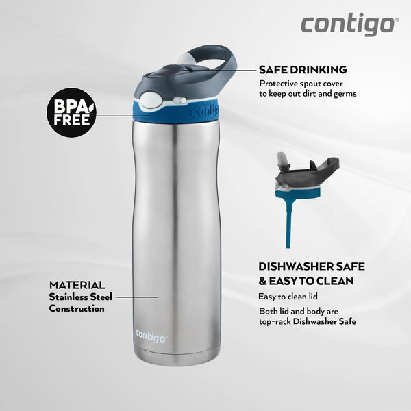 Contigo Autospout Ashland Chill - Vacuum Insulated Stainless Steel Water Bottle 590 ML, Monaco