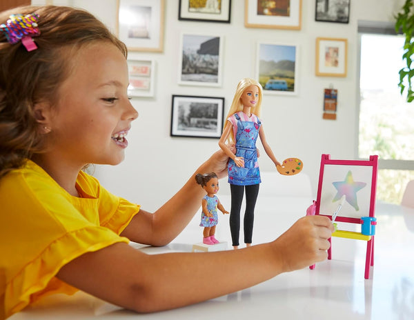 Barbie Art Teacher Playset With Blonde Doll, Toddler Doll, Toy Art Pieces