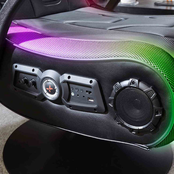 كرسي ألعاب X Rocker Monsoon RGB بنظام صوتي 4.1 وقاعدة عمودية ومضخم صوت جهير واهتزاز، أسود