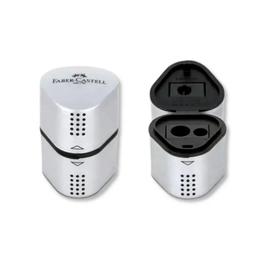 Faber-Castell Grip Trio Pencil Sharpener with Barrel, Silver, Box of 10