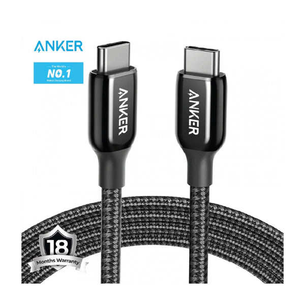 كابل أنكر نايلون USB-C إلى USB-C 2.0 بطول 6 قدم، أسود - سلك مضفر بقوة 100 واط