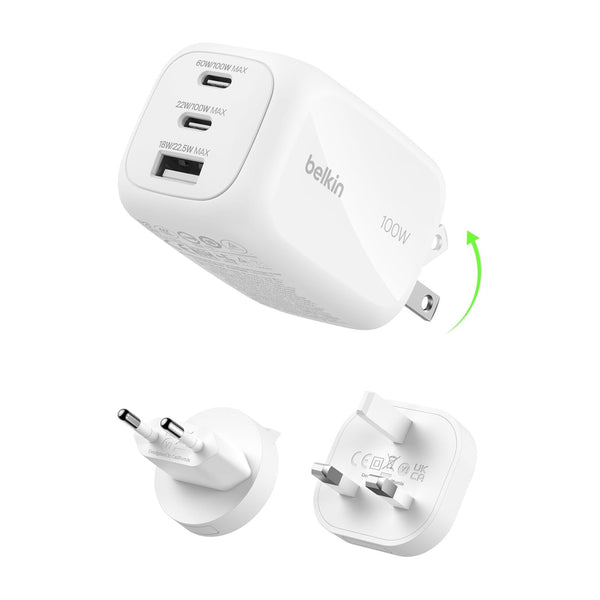 Belkin 100W 3-PORT GAN WALL CHARGER  (US / UK/ EU PLUG)