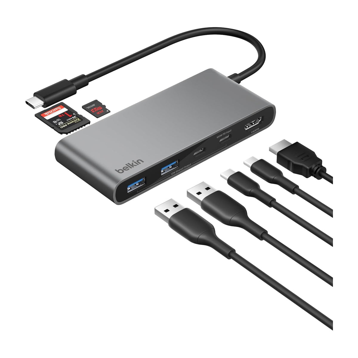 موزع بيلكن USB-C بـ 7 منافذ بقدرة 100 واط - رمادي فلكي