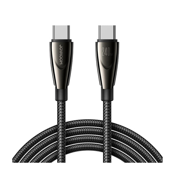 كابل Joyroom SA31-CC5 بقدرة 240 واط، بمنفذ USB-C إلى USB-C، بطول 1.2 متر، لون أسود - يدعم تقنية الشحن السريع PD 3.1 ومغلف بجديلة متينة.