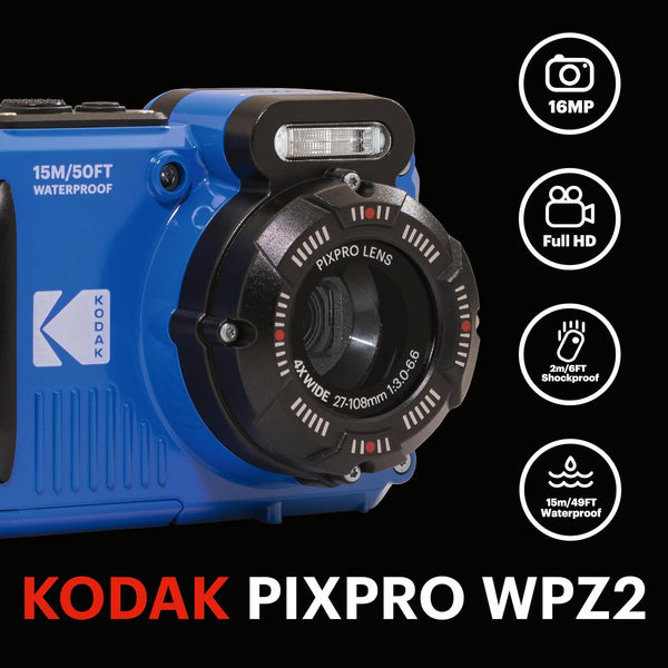 Kodak - Compact PIXPRO WPZ2 16MP Waterproof Digital Camera, 15m, 4X Zoom - Blue