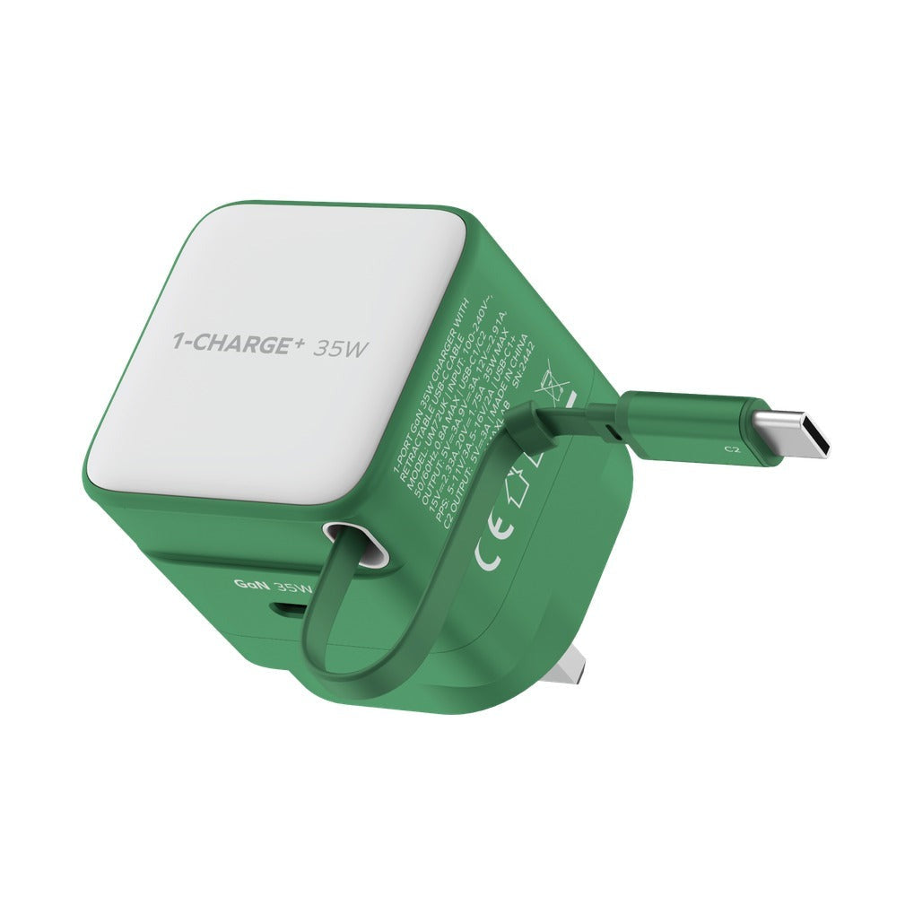 MOMAX 1-Charge 35W GaN Charger Green - Built In USB-C Cable Adapter